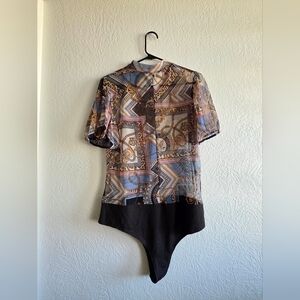 Elegant Geometric Pattern Bodysuit - Blue and Brown